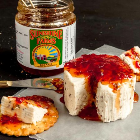 red pepper jelly on cheese